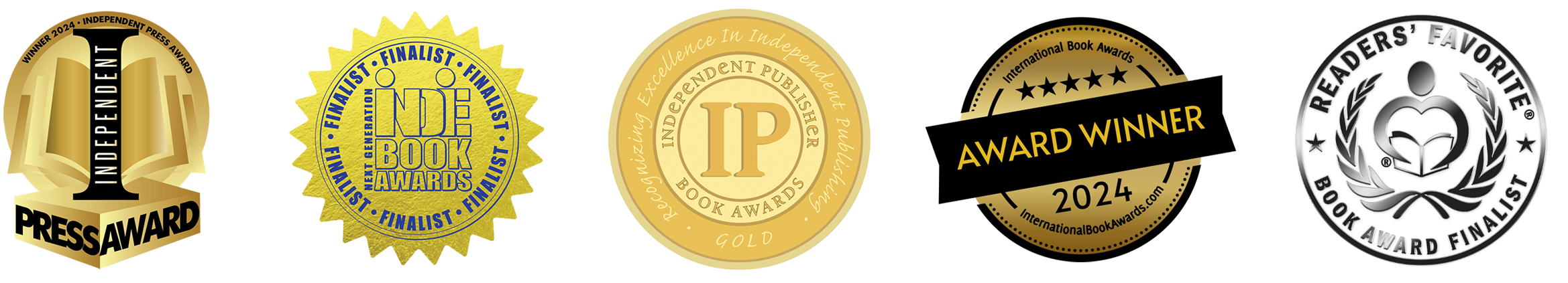 Gold and black award badges for To Carry Wonder, including an INDEPENDENT PRESSAWARD and 2024 International Book Awards finalist seals.
